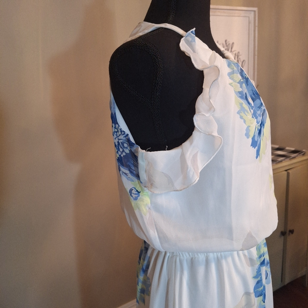 Old Navy White Dress with Blue and Green Floral Pattern Ruffles Mesh Maxi M - Picture 11 of 16